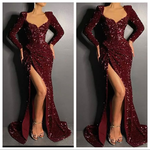 Dresses & Skirts - Sequin Maxi Dress Elegant Long Sleeve Dresses Burgundy Hem Slit , Great for Prom